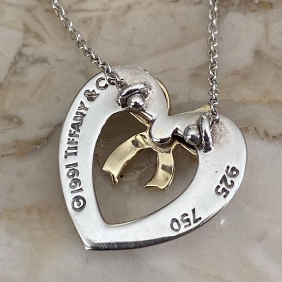 Tiffany & Co. 18K Gold & Sterling Silver Heart & Bow Ribbon Necklace - Picture 4 of 10